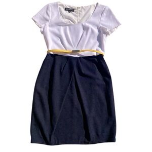 Jones New York Navy White Colorblock Dress with Yellow Belt Size 10 Classic